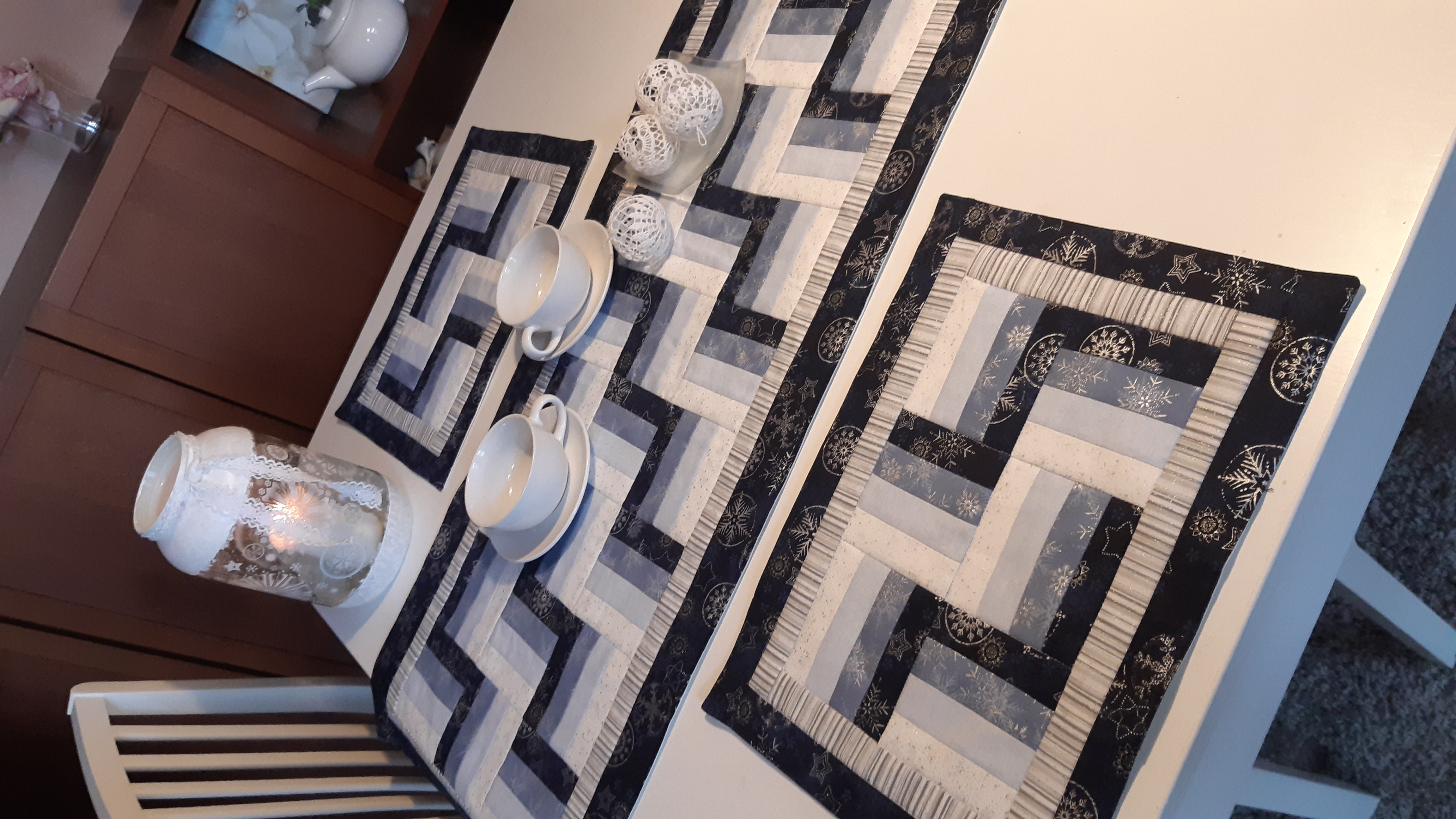 Šálový ubrus - Rail Fence 1.modrý